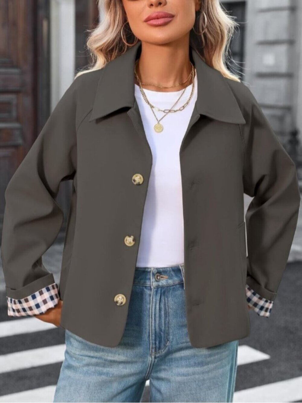 Women Grey Cropped Plaid Cuff Button Front Single Breasted Lining Trench Coat - Picture 3 of 6